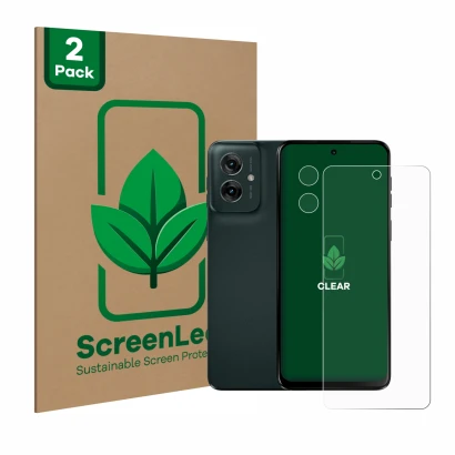 Parte frontal de un envase de producto con el logotipo de la marca ScreenLeaf. Al lado se muestra el dispositivo Motorola Moto