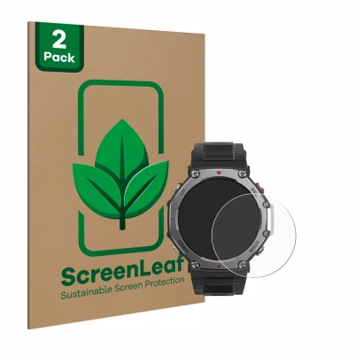 Parte frontal de un envase de producto con el logotipo de la marca ScreenLeaf. Al lado se muestra el dispositivo Huami Amazfit