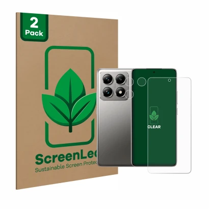 Parte frontal de un envase de producto con el logotipo de la marca ScreenLeaf. Al lado se muestra el dispositivo Xiaomi 14T Pr