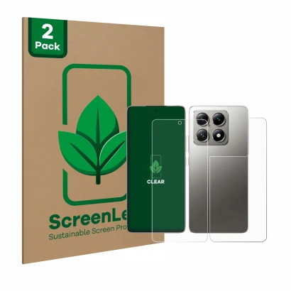 Parte frontal de un envase de producto con el logotipo de la marca ScreenLeaf. Al lado se muestra el dispositivo Xiaomi 14T Pr