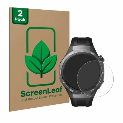 Parte frontal de un envase de producto con el logotipo de la marca ScreenLeaf. Al lado se muestra el dispositivo Huawei Watch 