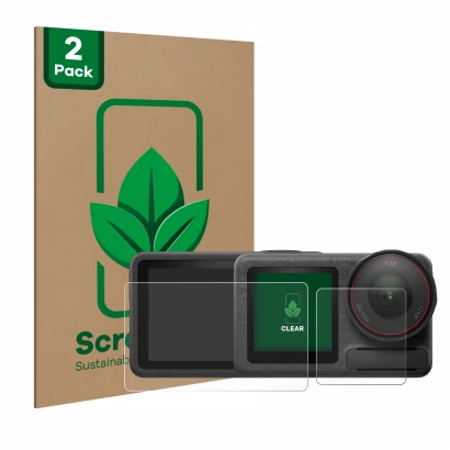 Parte frontal de un envase de producto con el logotipo de la marca ScreenLeaf. Al lado se muestra el dispositivo DJI Osmo Acti