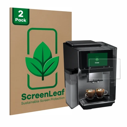Parte frontal de un envase de producto con el logotipo de la marca ScreenLeaf. Al lado se muestra el dispositivo Siemens EQ700