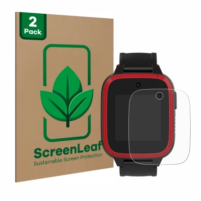 Parte frontal de un envase de producto con el logotipo de la marca ScreenLeaf. Al lado se muestra el dispositivo Xplora Let's 
