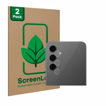 Parte frontal de un envase de producto con el logotipo de la marca ScreenLeaf. Al lado se muestra el dispositivo Samsung Galax