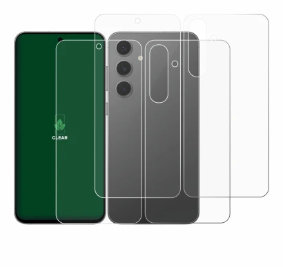 Imagen del dispositivo Samsung Galaxy S24 FE (Frontal+Trasero) con una amplia variedad de protectores de pantalla.