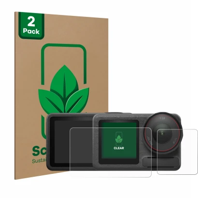 Parte frontal de un envase de producto con el logotipo de la marca ScreenLeaf. Al lado se muestra el dispositivo DJI Osmo Acti