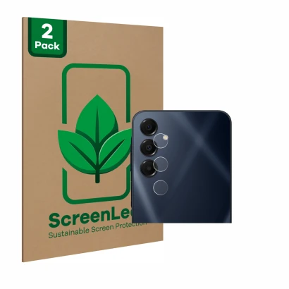 Parte frontal de un envase de producto con el logotipo de la marca ScreenLeaf. Al lado se muestra el dispositivo Samsung Galax