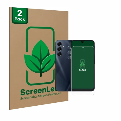 Parte frontal de un envase de producto con el logotipo de la marca ScreenLeaf. Al lado se muestra el dispositivo Samsung Galax