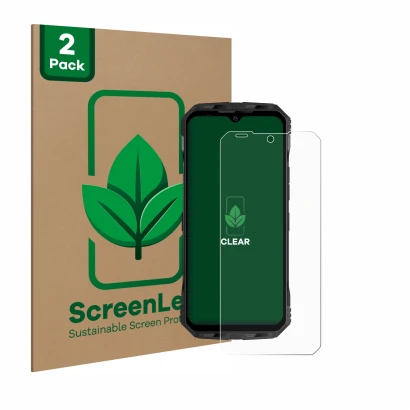 Parte frontal de un envase de producto con el logotipo de la marca ScreenLeaf. Al lado se muestra el dispositivo Doogee V Max 