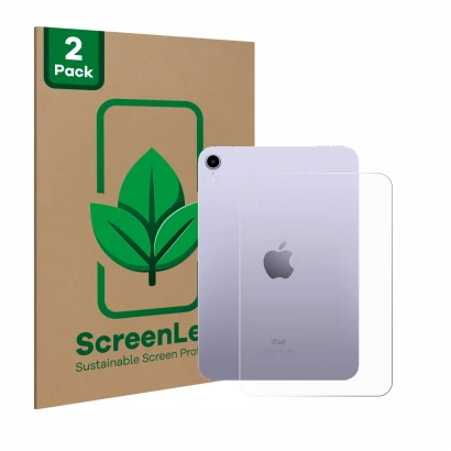 Parte frontal de un envase de producto con el logotipo de la marca ScreenLeaf. Al lado se muestra el dispositivo Apple iPad Mi