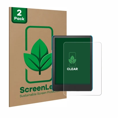 Parte frontal de un envase de producto con el logotipo de la marca ScreenLeaf. Al lado se muestra el dispositivo Amazon Kindle