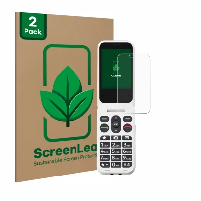 Parte frontal de un envase de producto con el logotipo de la marca ScreenLeaf. Al lado se muestra el dispositivo Doro Leva L30