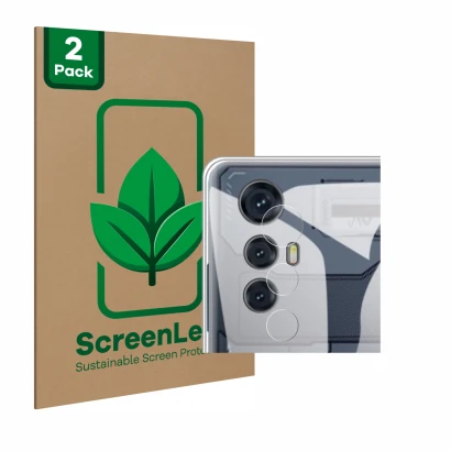 Parte frontal de un envase de producto con el logotipo de la marca ScreenLeaf. Al lado se muestra el dispositivo Cubot Max 5 (