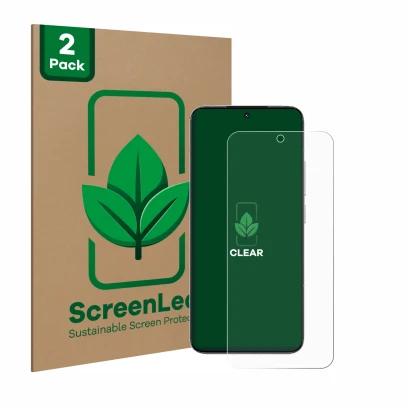 Parte frontal de un envase de producto con el logotipo de la marca ScreenLeaf. Al lado se muestra el dispositivo Xiaomi 15 con
