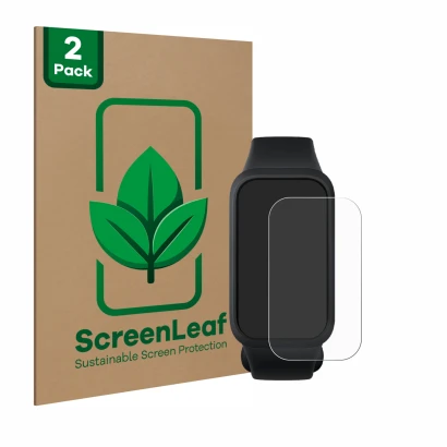 Parte frontal de un envase de producto con el logotipo de la marca ScreenLeaf. Al lado se muestra el dispositivo Xiaomi Smart 