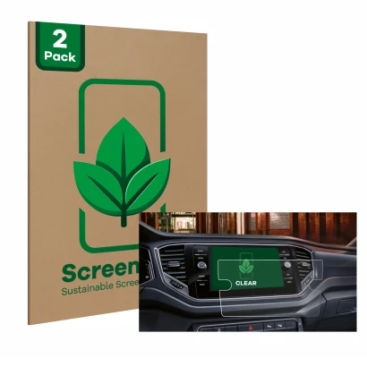 Parte frontal de un envase de producto con el logotipo de la marca ScreenLeaf. Al lado se muestra el dispositivo Volkswagen To