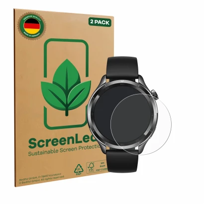 Parte frontal de un envase de producto con el logotipo de la marca ScreenLeaf. Al lado se muestra el dispositivo Xiaomi Watch 
