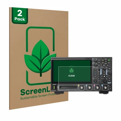 Parte frontal de un envase de producto con el logotipo de la marca ScreenLeaf. Al lado se muestra el dispositivo Rigol DHO914 