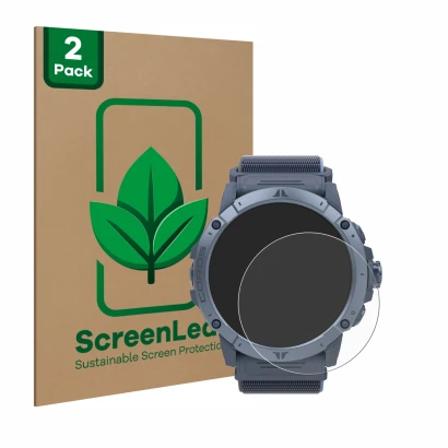 Parte frontal de un envase de producto con el logotipo de la marca ScreenLeaf. Al lado se muestra el dispositivo Coros Vertix 