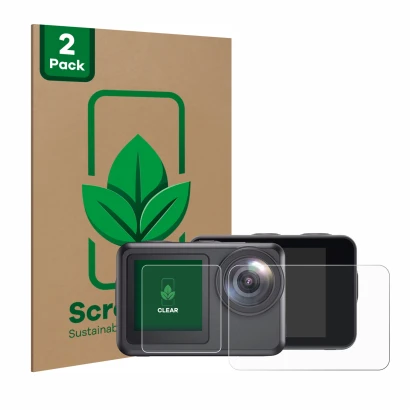 Parte frontal de un envase de producto con el logotipo de la marca ScreenLeaf. Al lado se muestra el dispositivo Akaso Brave 7