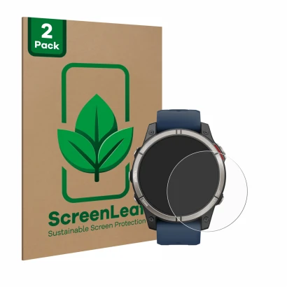 Parte frontal de un envase de producto con el logotipo de la marca ScreenLeaf. Al lado se muestra el dispositivo Garmin quatix