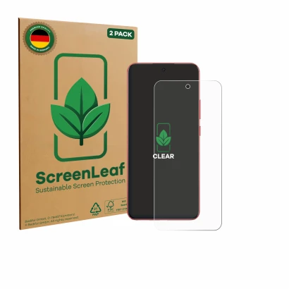 Parte frontal de un envase de producto con el logotipo de la marca ScreenLeaf. Al lado se muestra el dispositivo Oppo A5 Pro c