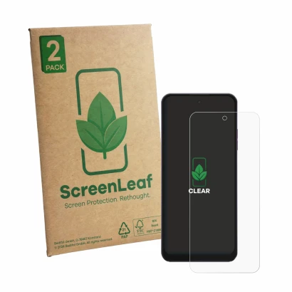 Parte frontal de un envase de producto con el logotipo de la marca ScreenLeaf. Al lado se muestra el dispositivo Hotwav Note 1