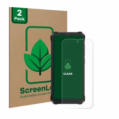 Parte frontal de un envase de producto con el logotipo de la marca ScreenLeaf. Al lado se muestra el dispositivo Blackview BV6