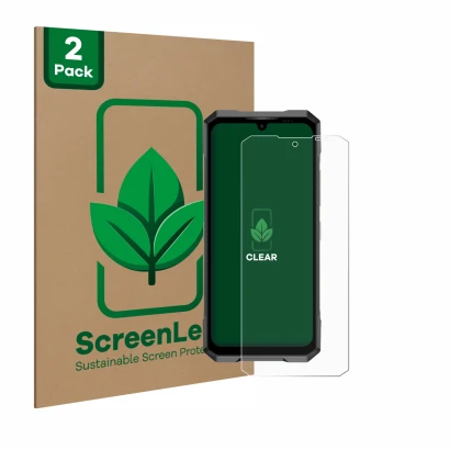 Parte frontal de un envase de producto con el logotipo de la marca ScreenLeaf. Al lado se muestra el dispositivo Doogee Blade 