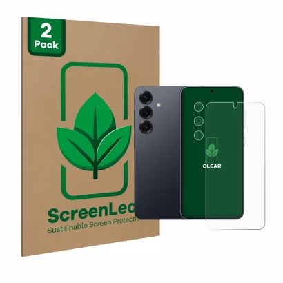 Parte frontal de un envase de producto con el logotipo de la marca ScreenLeaf. Al lado se muestra el dispositivo Samsung Galax