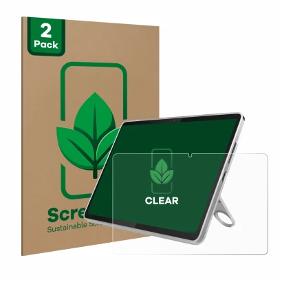 Parte frontal de un envase de producto con el logotipo de la marca ScreenLeaf. Al lado se muestra el dispositivo Lenovo Tab 10