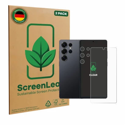 Parte frontal de un envase de producto con el logotipo de la marca ScreenLeaf. Al lado se muestra el dispositivo Samsung Galax