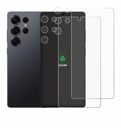 Imagen del dispositivo Samsung Galaxy S25 Ultra (Frontal+Cámara) con una amplia variedad de protectores de pantalla.