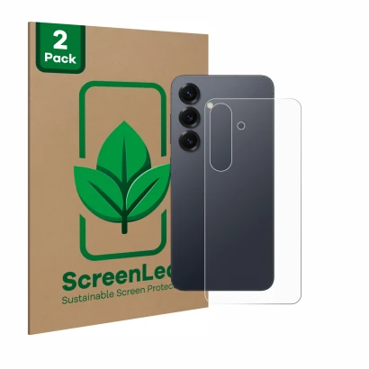 Parte frontal de un envase de producto con el logotipo de la marca ScreenLeaf. Al lado se muestra el dispositivo Samsung Galax