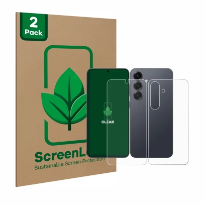 Parte frontal de un envase de producto con el logotipo de la marca ScreenLeaf. Al lado se muestra el dispositivo Samsung Galax