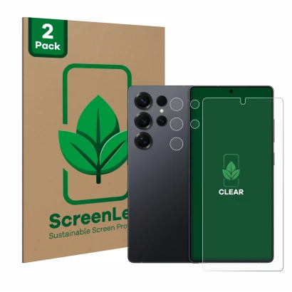 Parte frontal de un envase de producto con el logotipo de la marca ScreenLeaf. Al lado se muestra el dispositivo Samsung Galax