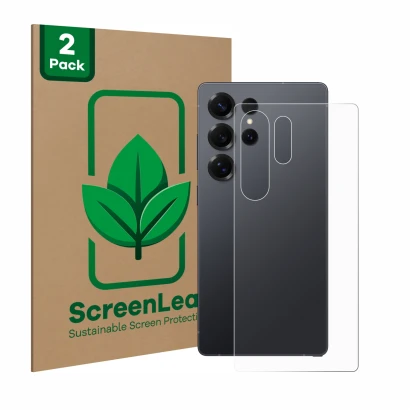 Parte frontal de un envase de producto con el logotipo de la marca ScreenLeaf. Al lado se muestra el dispositivo Samsung Galax