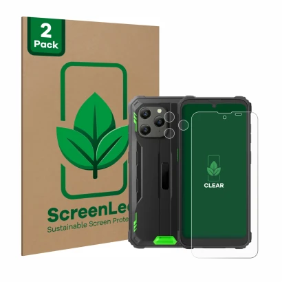 Parte frontal de un envase de producto con el logotipo de la marca ScreenLeaf. Al lado se muestra el dispositivo Blackview BV5