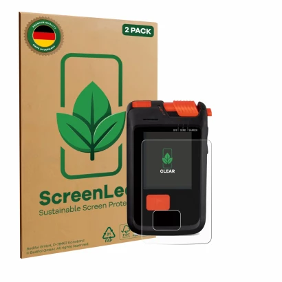 Parte frontal de un envase de producto con el logotipo de la marca ScreenLeaf. Al lado se muestra el dispositivo Mammut Barryv