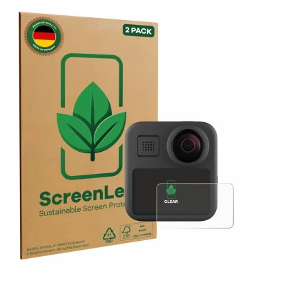 Parte frontal de un envase de producto con el logotipo de la marca ScreenLeaf. Al lado se muestra el dispositivo GoPro Max (20