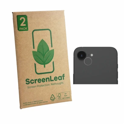Parte frontal de un envase de producto con el logotipo de la marca ScreenLeaf. Al lado se muestra el dispositivo Apple iPhone 