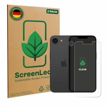 Parte frontal de un envase de producto con el logotipo de la marca ScreenLeaf. Al lado se muestra el dispositivo Apple iPhone 