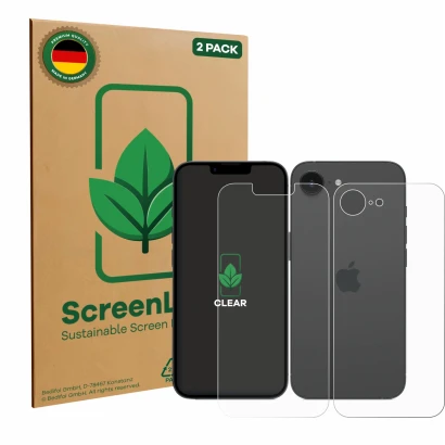 Parte frontal de un envase de producto con el logotipo de la marca ScreenLeaf. Al lado se muestra el dispositivo Apple iPhone 