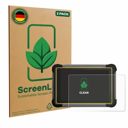 Parte frontal de un envase de producto con el logotipo de la marca ScreenLeaf. Al lado se muestra el dispositivo Leica iCON CC