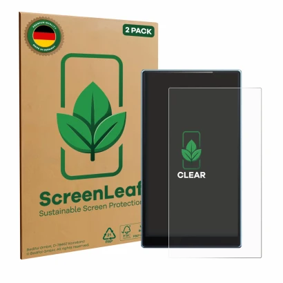 Parte frontal de un envase de producto con el logotipo de la marca ScreenLeaf. Al lado se muestra el dispositivo FiiO JM21 con
