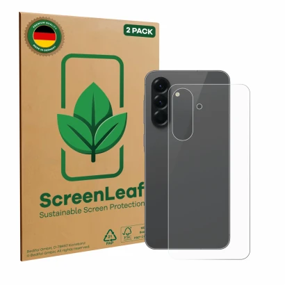 Parte frontal de un envase de producto con el logotipo de la marca ScreenLeaf. Al lado se muestra el dispositivo Samsung Galax