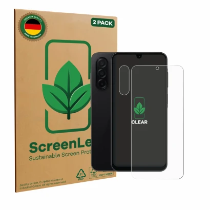 Parte frontal de un envase de producto con el logotipo de la marca ScreenLeaf. Al lado se muestra el dispositivo Samsung Galax