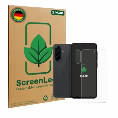 Parte frontal de un envase de producto con el logotipo de la marca ScreenLeaf. Al lado se muestra el dispositivo Samsung Galax
