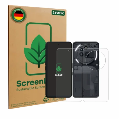 Parte frontal de un envase de producto con el logotipo de la marca ScreenLeaf. Al lado se muestra el dispositivo Nothing Phone